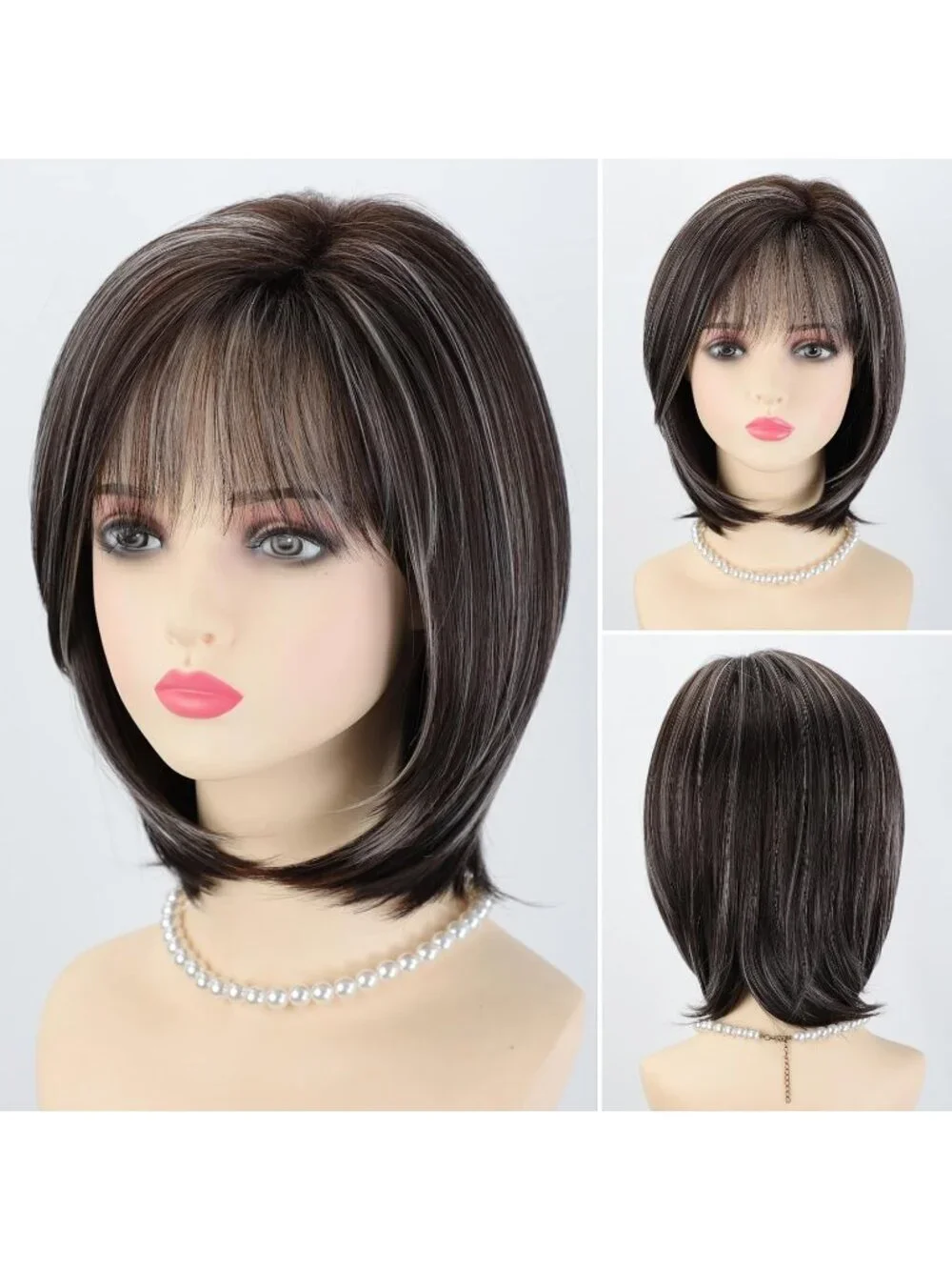 Women's Brown Silver 12 Inch Mid Length Heat Synthetic Straight Layered Bob Wigs